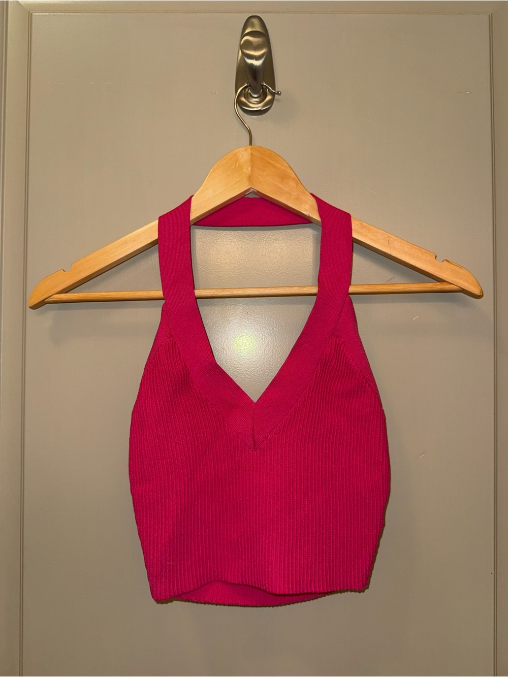 Aritzia Hot Pink Ribbed V-Neck Halter Crop Camisole